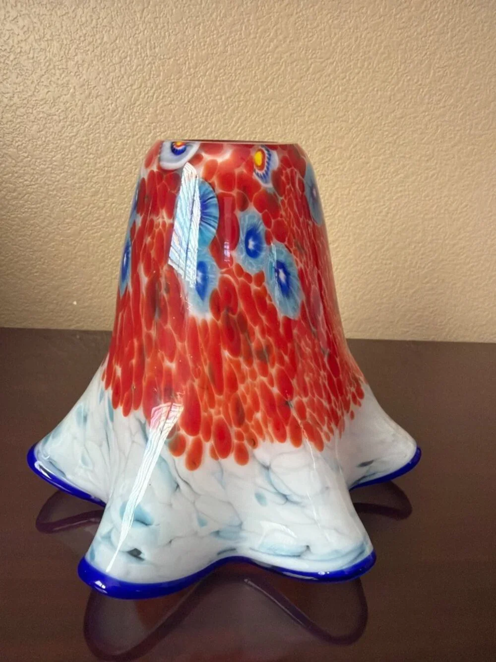 Hand Blown Murano Style Millefiori Art Glass Lamp Shade 1⅝" Fitter Ruffled Rim - Picture 2 of 10